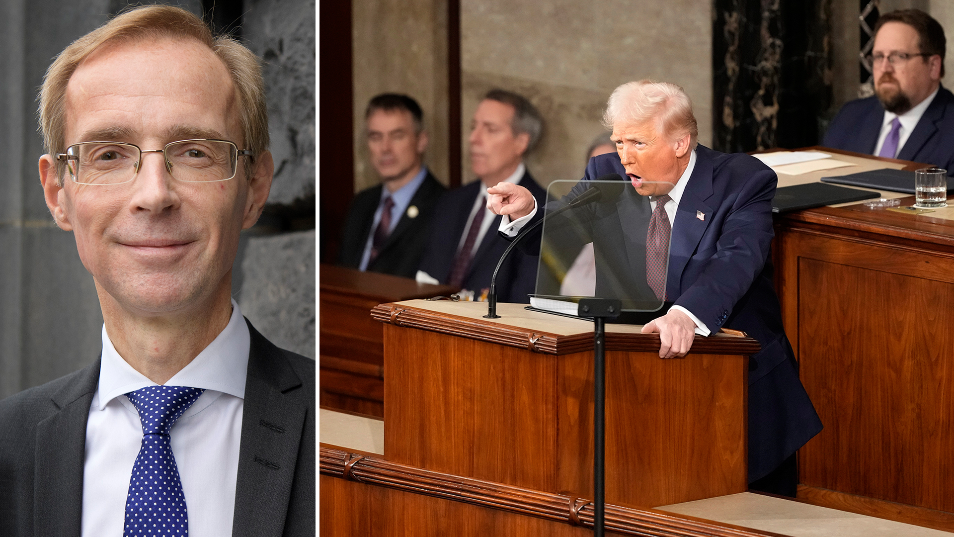 Robert Bergqvist, seniorekonom på SEB till vänster. Bild på USA:s president Donald Trump som pekar till höger.
