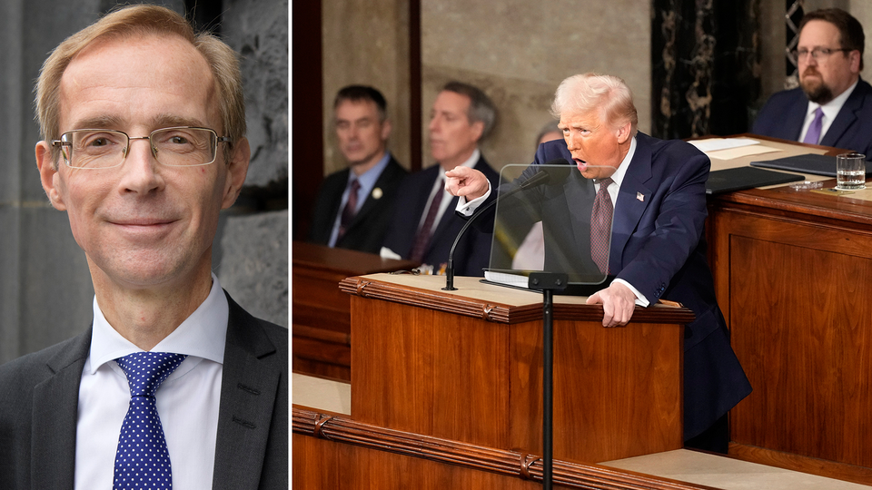 Robert Bergqvist, seniorekonom på SEB till vänster. Bild på USA:s president Donald Trump som pekar till höger.