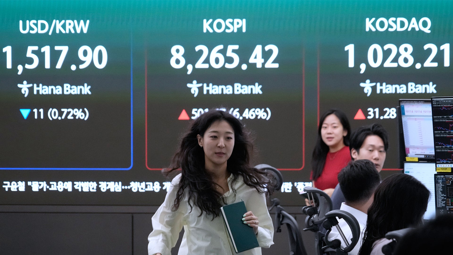 Kvinna i vit skjorta framför skärm som visar börsdata och valutakurser från Hana Bank