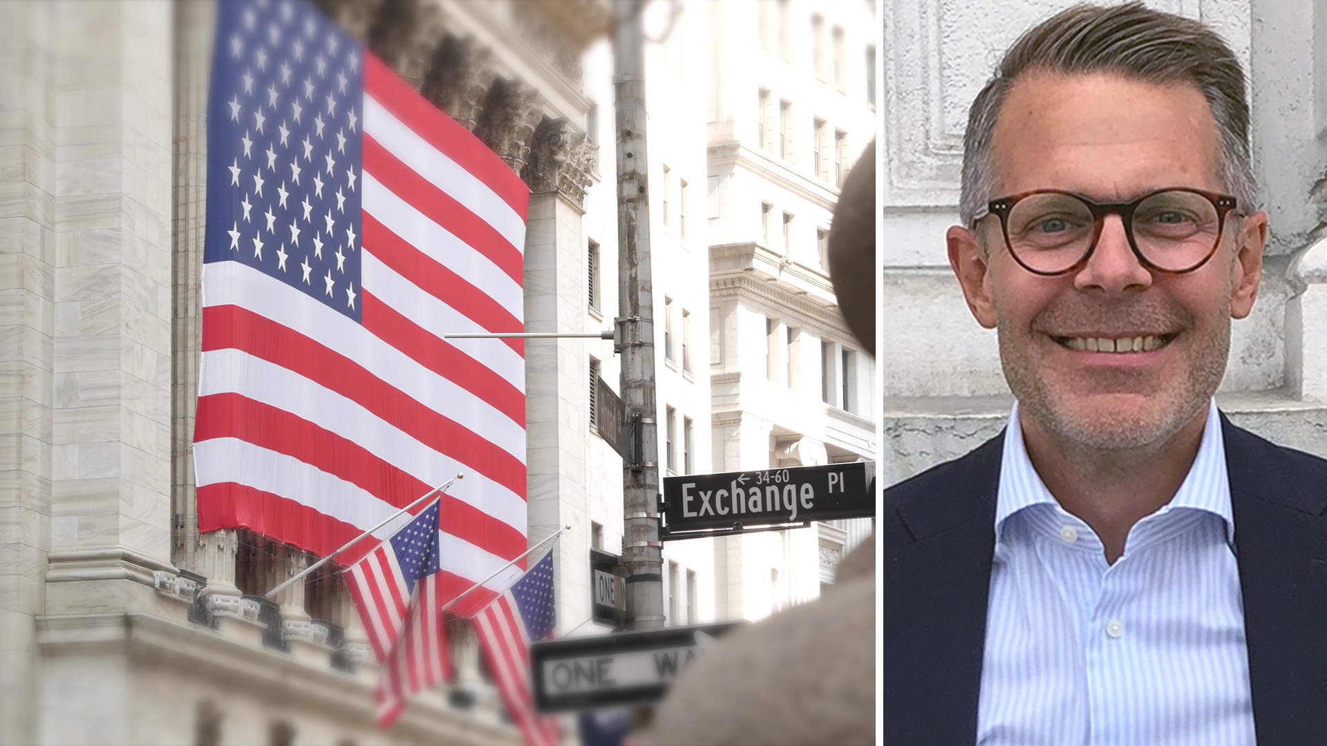 Bild på Wall Street till vänster och Rikard Forssmed, småbolagsförvaltare, till höger.