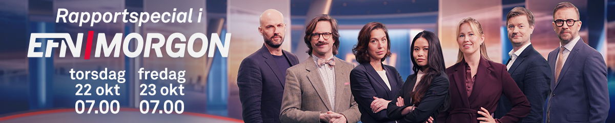 Banner för Rapportspecial i EFN Morgon torsdag 22 och fredag 23 oktober klockan 07.00, med sju programledare i kostym framför en tv-studio.