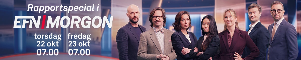 Banner för Rapportspecial i EFN Morgon torsdag 22 och fredag 23 oktober klockan 07.00, med sju programledare i kostym framför en tv-studio.