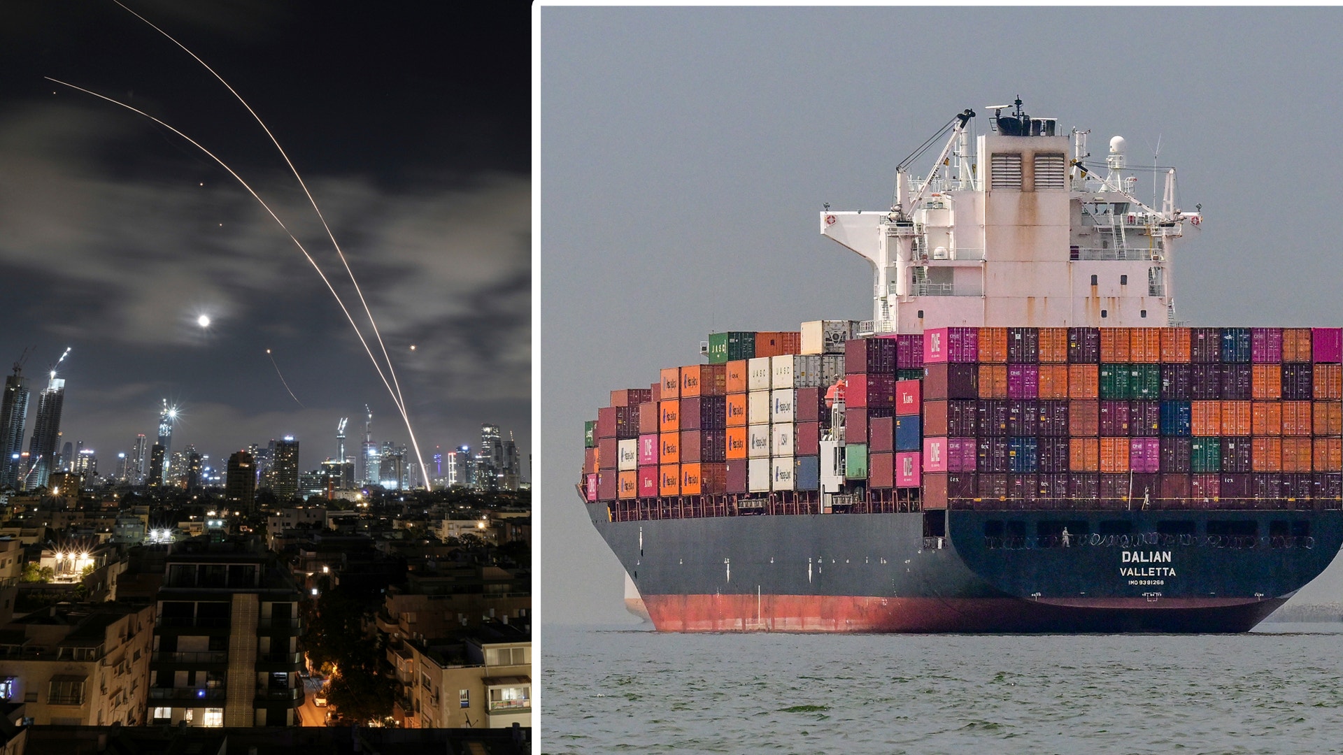 Iranskt anfall över Israel till vänster. Fraktfartyg till höger.