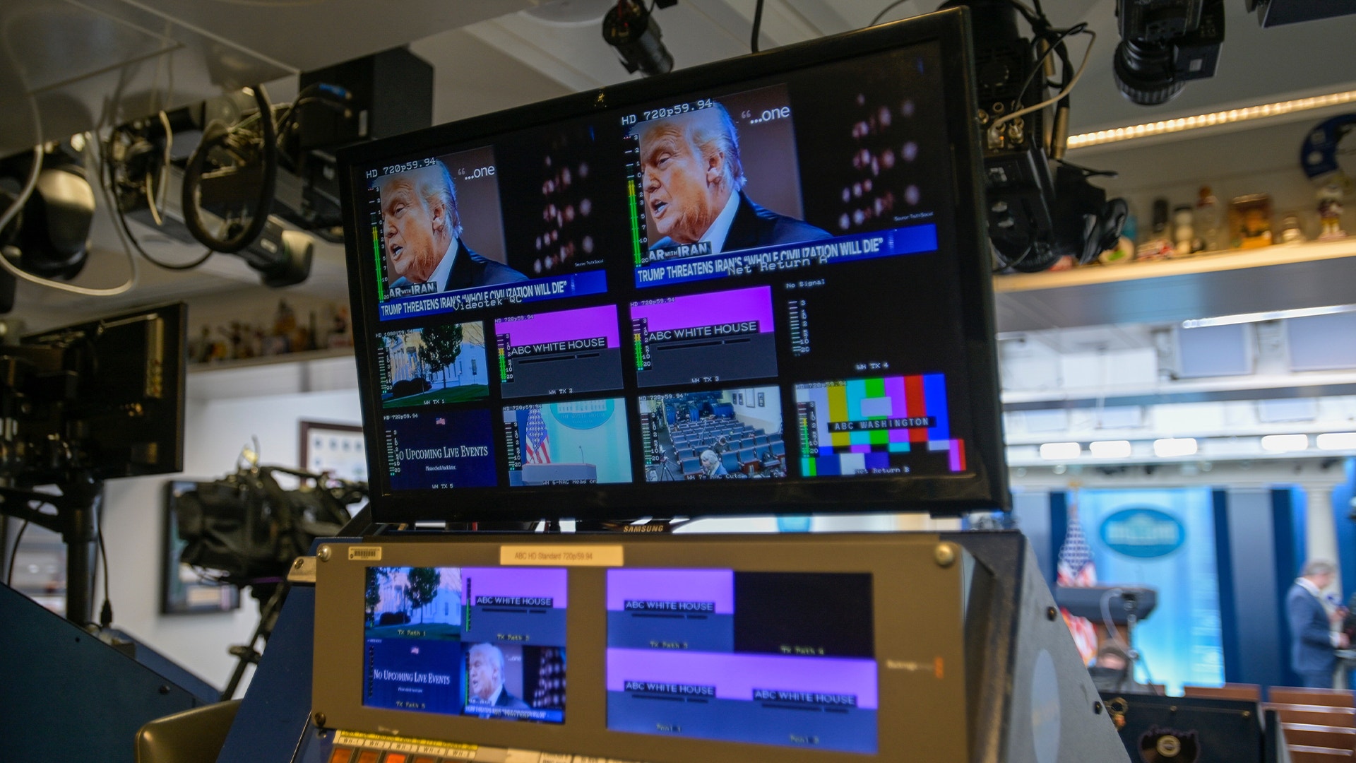 Övervakningsmonitorer i en TV-studio visar videokällor och direktsändningsinnehål.