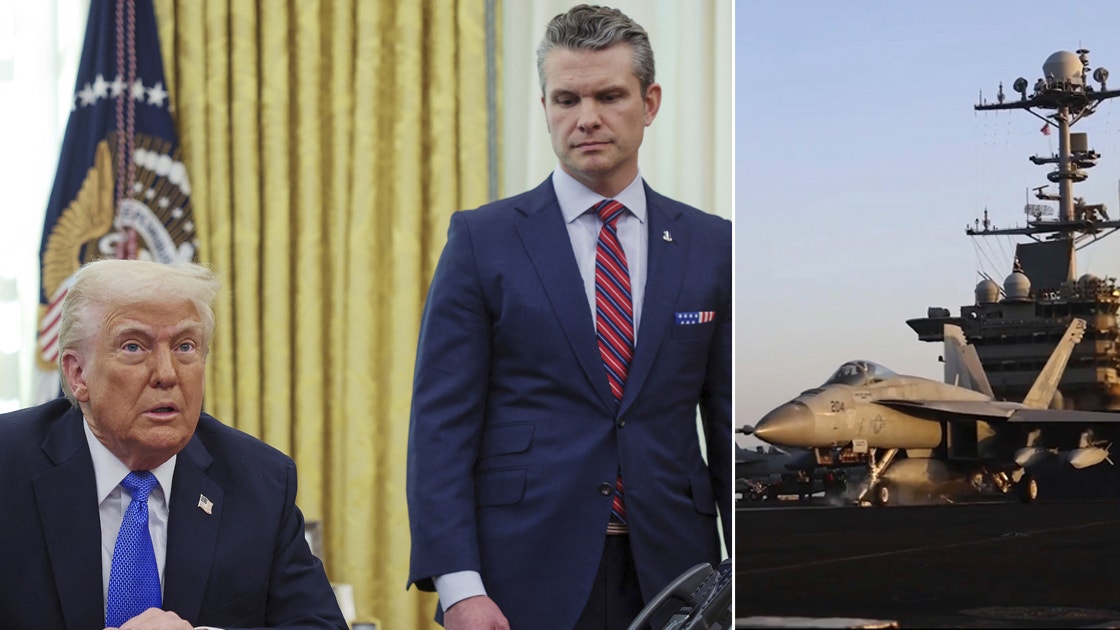 USA:s president Donald Trump och försvarsminister Pete Hegseth med en kompletterande bild av ett amerikanskt hangarfartyg stationerat i Mellanöstern.