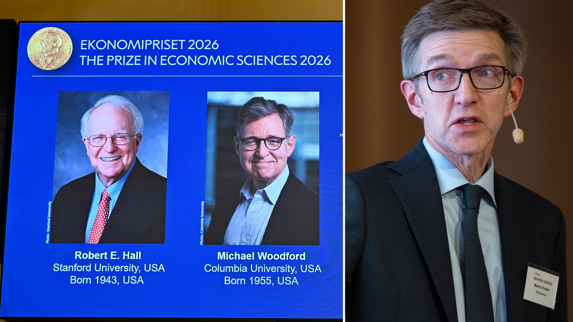 Collage med en skärm som visar ekonomipristagarna 2026, Robert E. Hall och Michael Woodford, bredvid en man med glasögon som talar.
