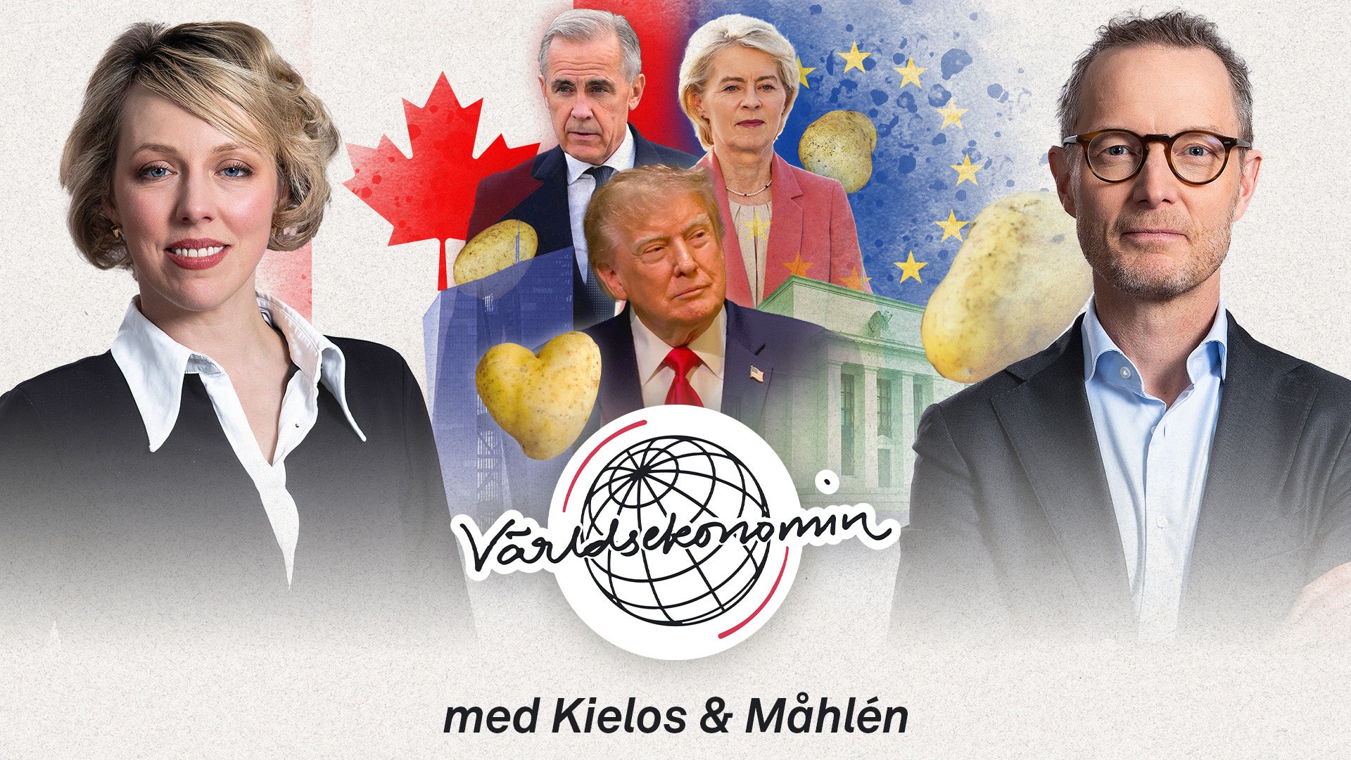 Podcastbild för Världsekonomin med Kielos & Måhlén, med en kvinna och en man i förgrunden och bilder på internationella ledare i bakgrunden.