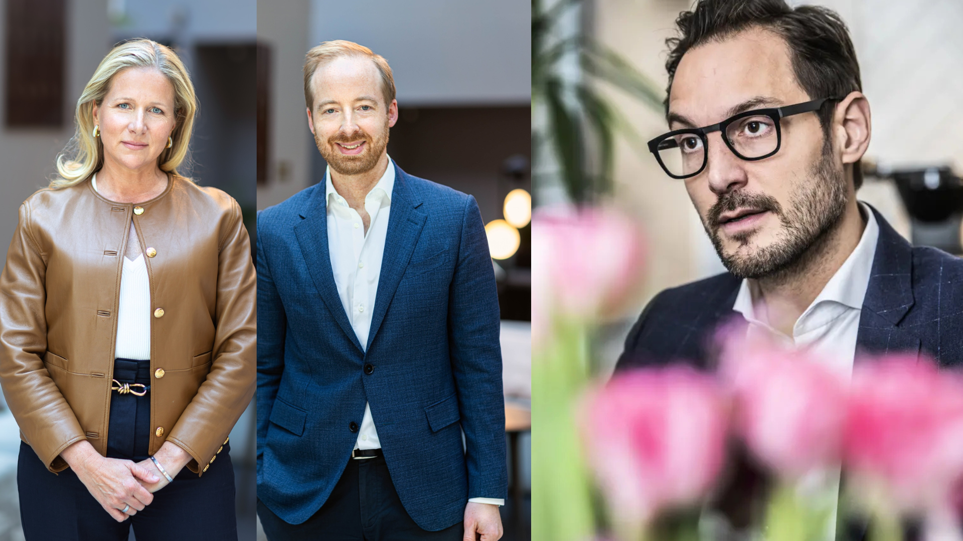 Tre porträttfoton av affärspersoner i en kontorsmiljö