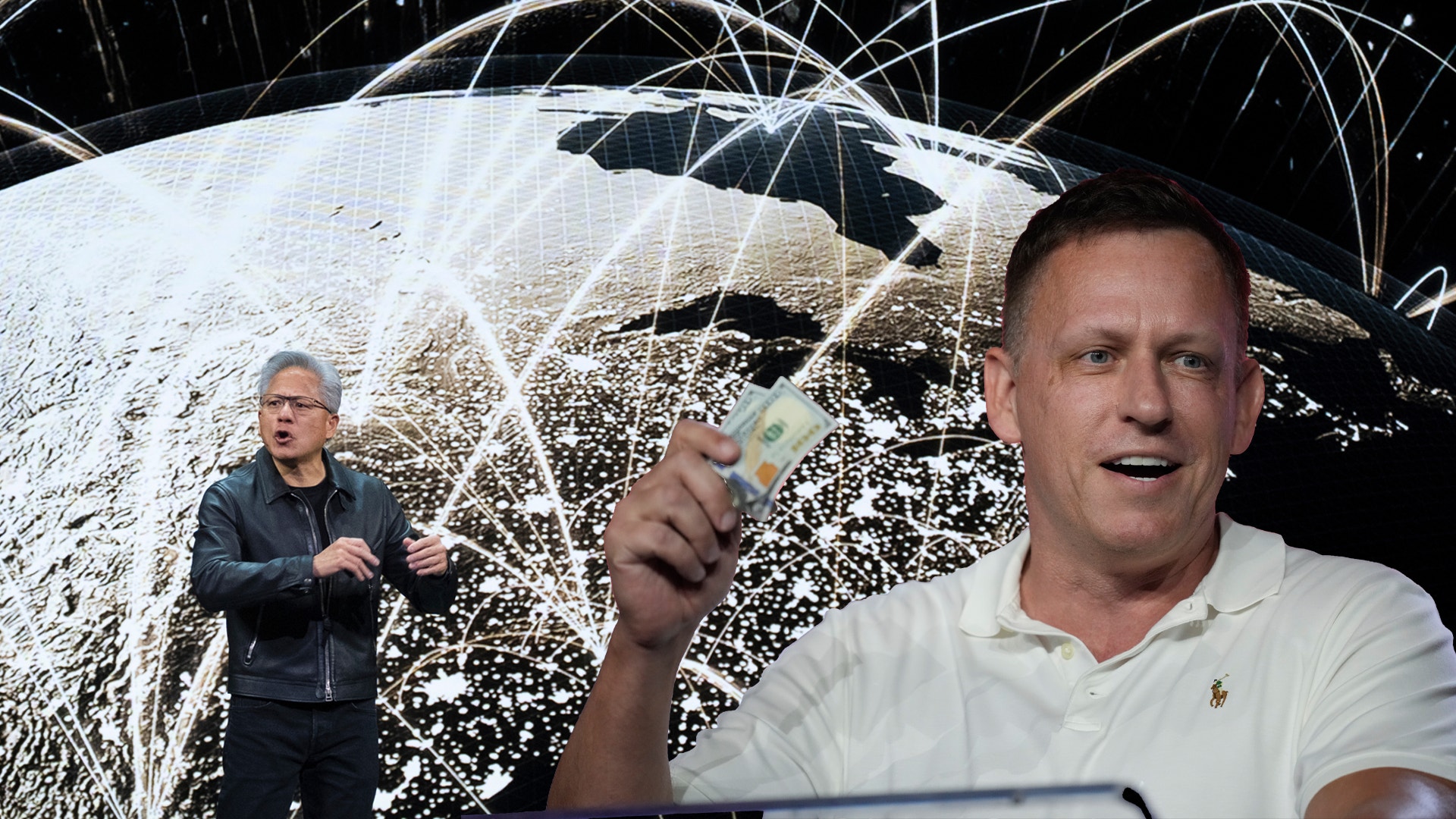 Jensen Huang med en jordglob bakom sig och Peter Thiel med en dollarsedel.