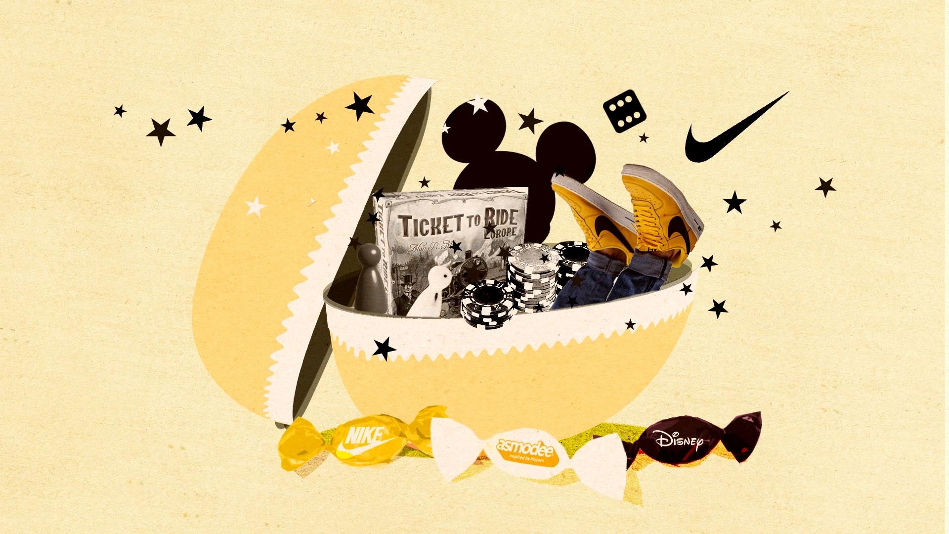 Illustration av en gul måne fylld med Disney-relaterade föremål och underhållningsminnen mot en beige bakgrund med stjärnor.