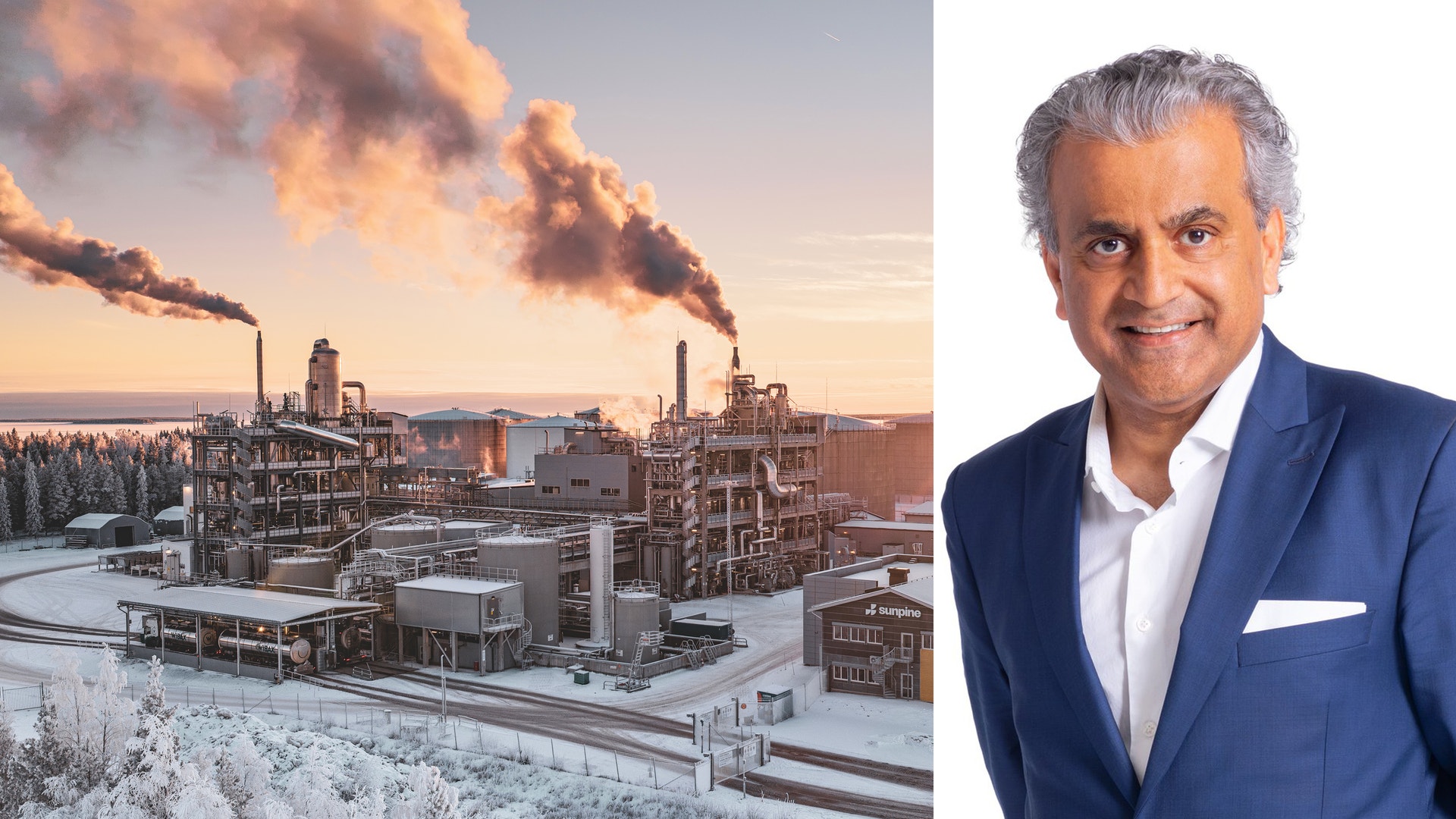 Sammansatt bild: Till vänster en snötäckt industrianläggning med rökande skorstenar vid solnedgång. Till höger ett porträtt av en man i blå kostym.