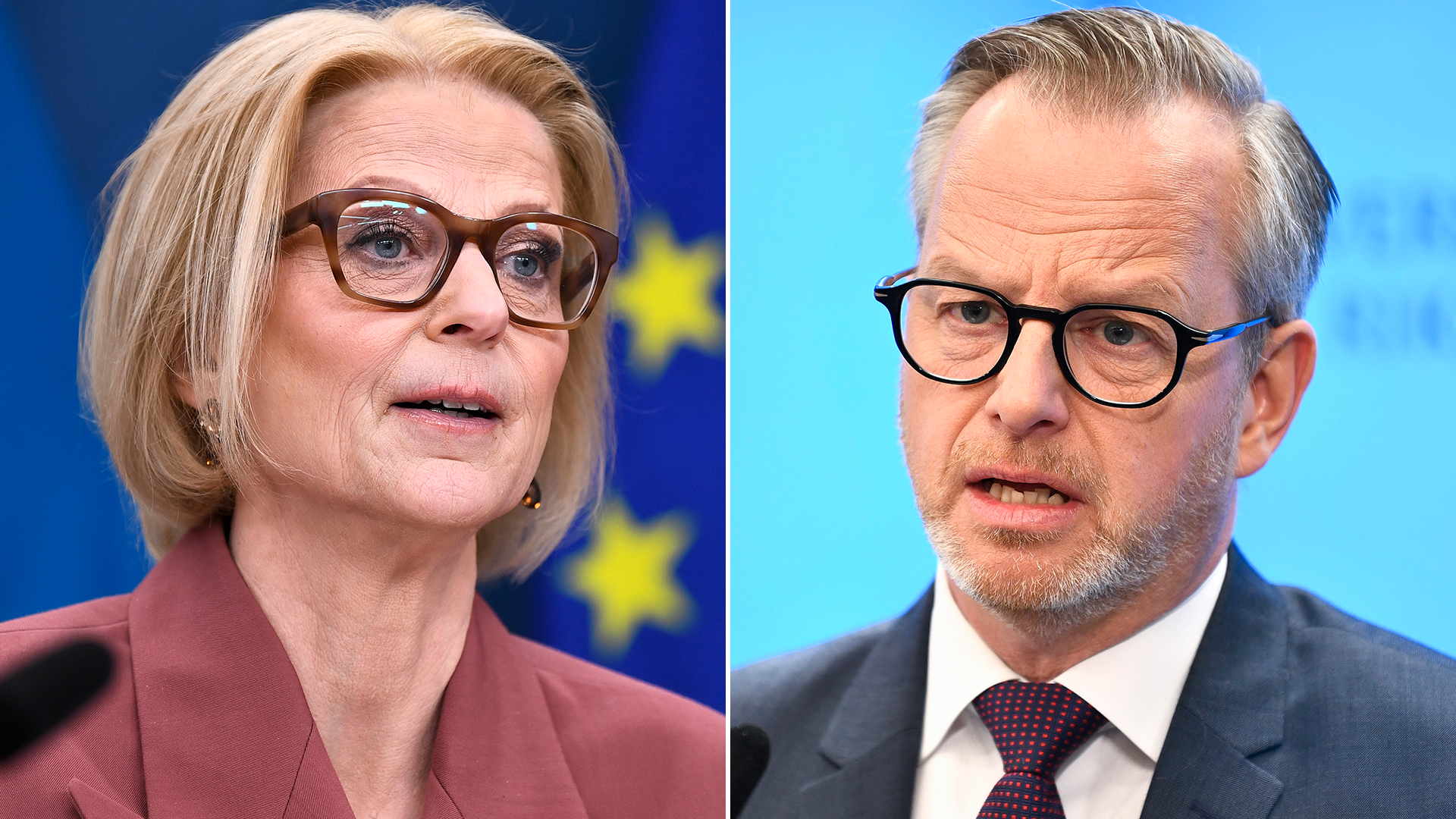 Två porträttfoton av en kvinna och en man sida vid sida, båda med glasögon och formell klädsel mot blå bakgrunder.