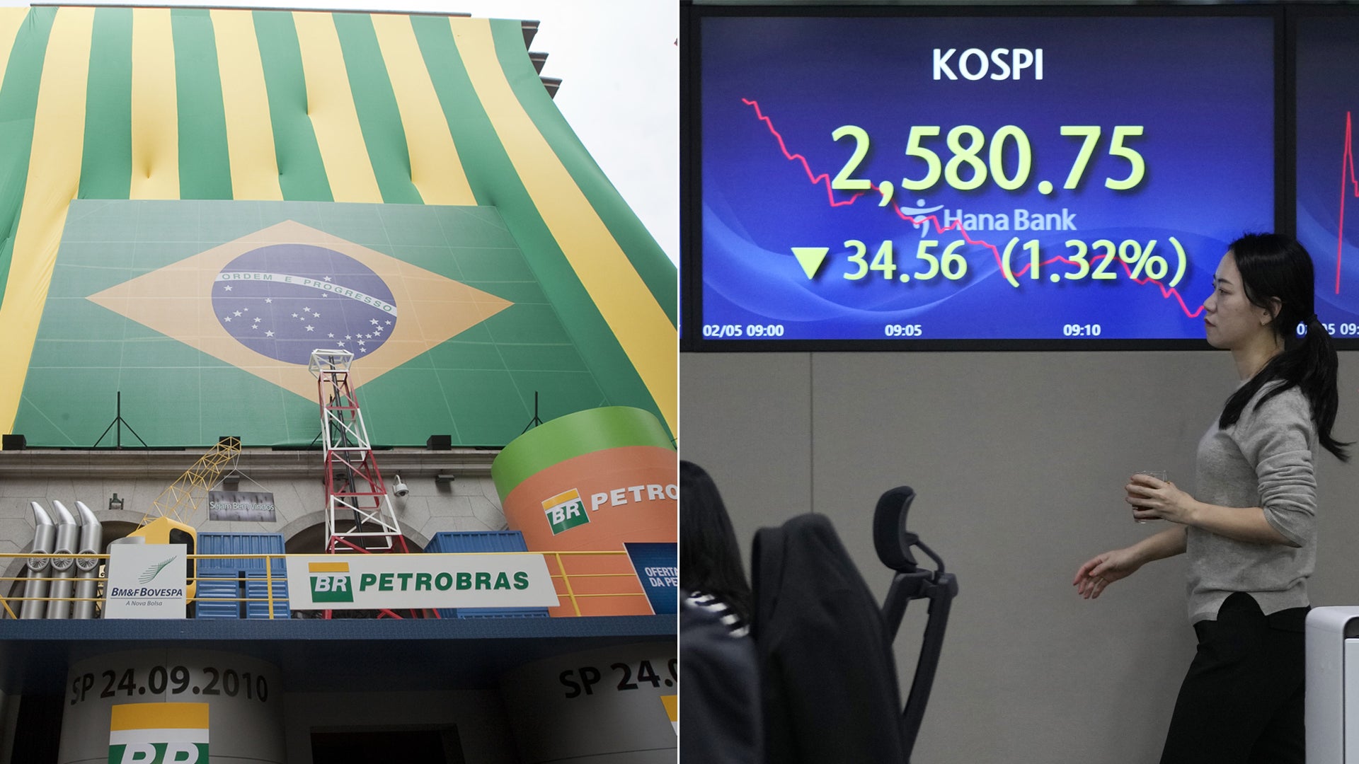 Brasiliansk flagga med Petrobras-logotyp bredvid en person som tittar på en aktiemarknadsskärm som visar KOSPI-index.