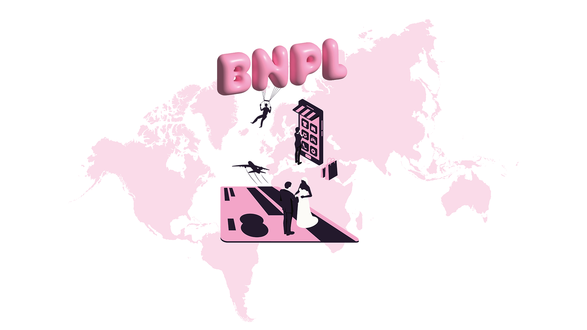 Världskarta med illustrerade personer som arbetar med köp nu betala senare-tjänster