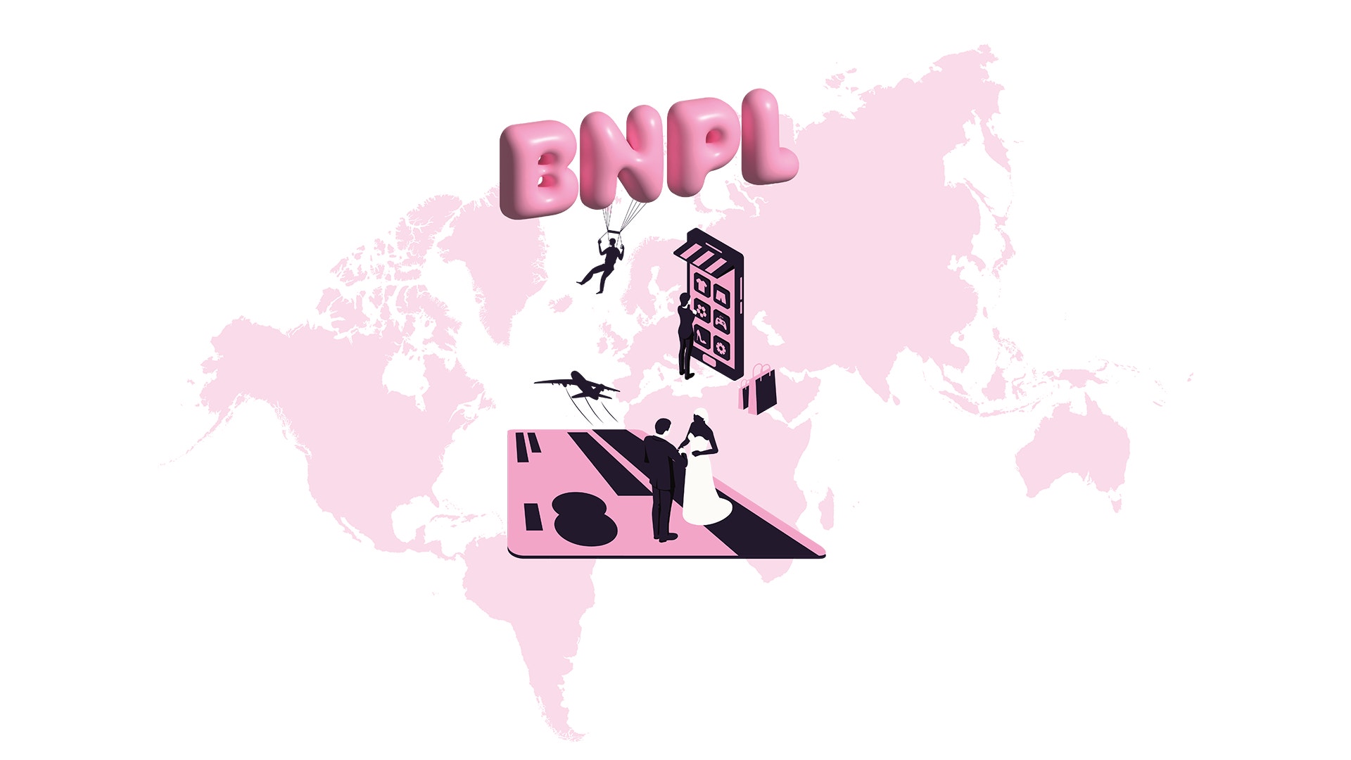 Världskarta med illustrerade personer som arbetar med köp nu betala senare-tjänster