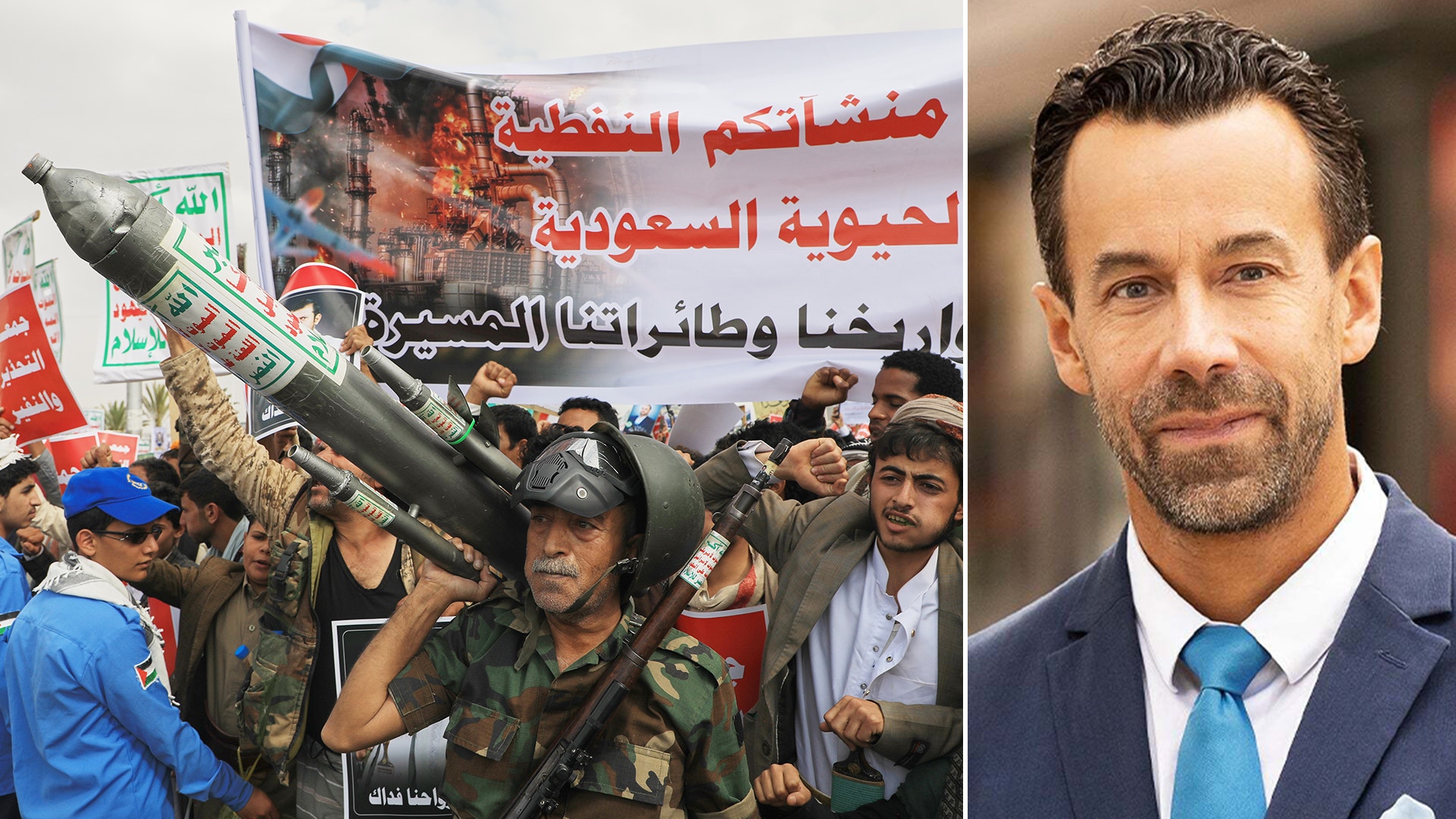 Sammansatt bild med två delar: till vänster en demonstration med militär personal och banderoller med arabisk text, till höger ett porträtt av en man i mörk kostym och blå slips.