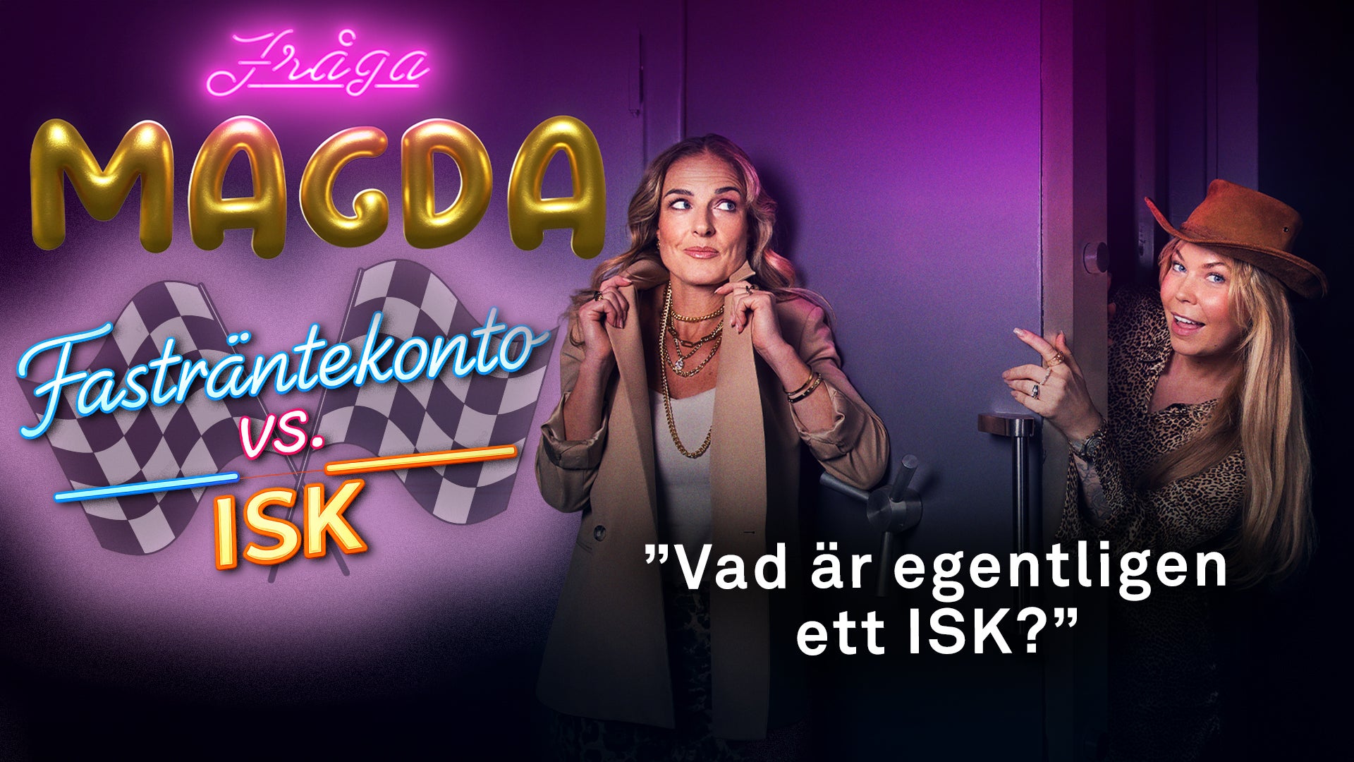 Promotionsbild för podcastavsnittet Lilla Magda om sparformer. Två kvinnor framför en lila bakgrund med neonljus. Texten visar "Fastrantekonio vs. ISK" och "Vad är egentligen ett ISK?"