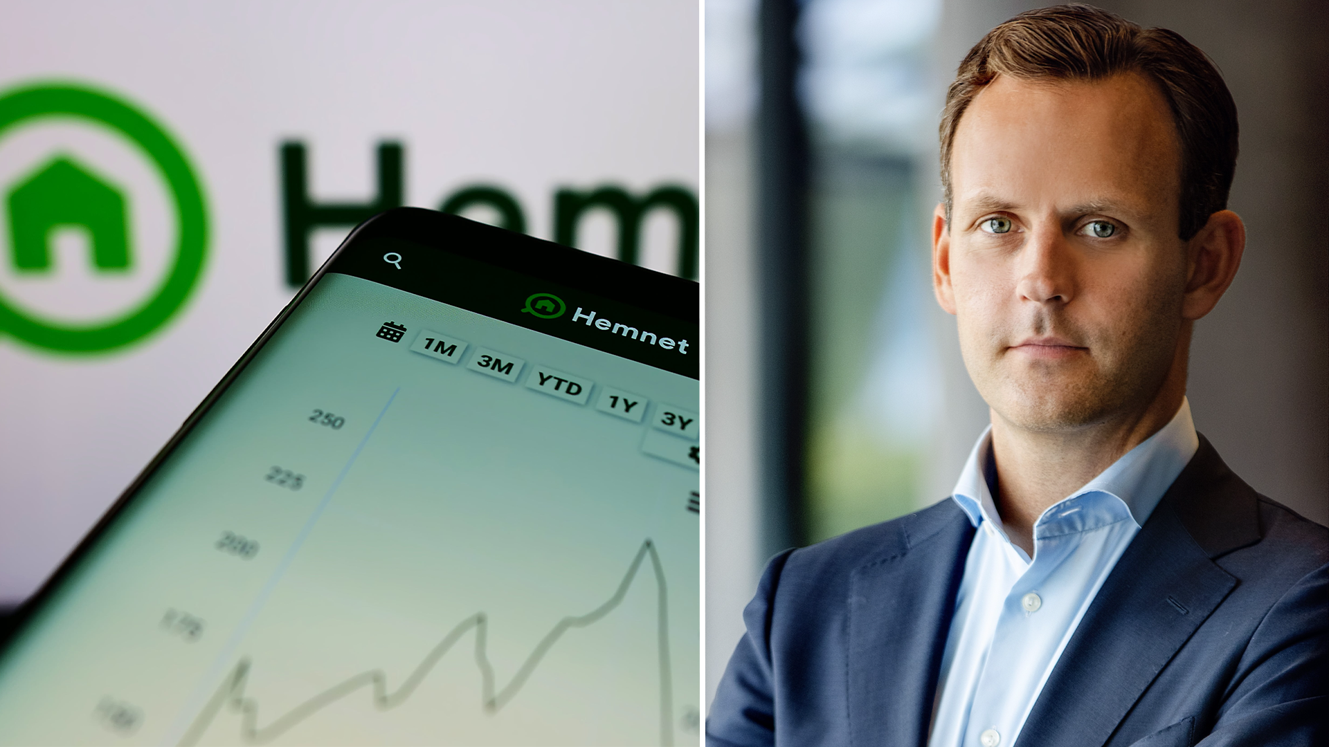 Till vänster, genrebild på Hemnet. Till höger, Hemnets vd Jonas Gustafsson.