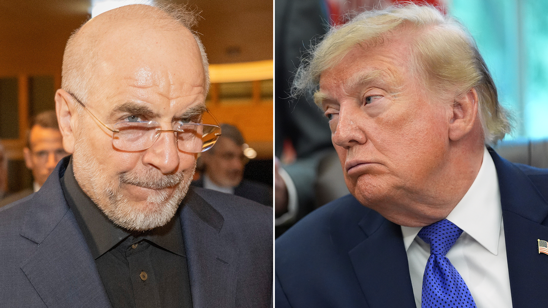 Delad bild med två män: en äldre man med glasögon och skägg till vänster, och Donald Trump till höger.