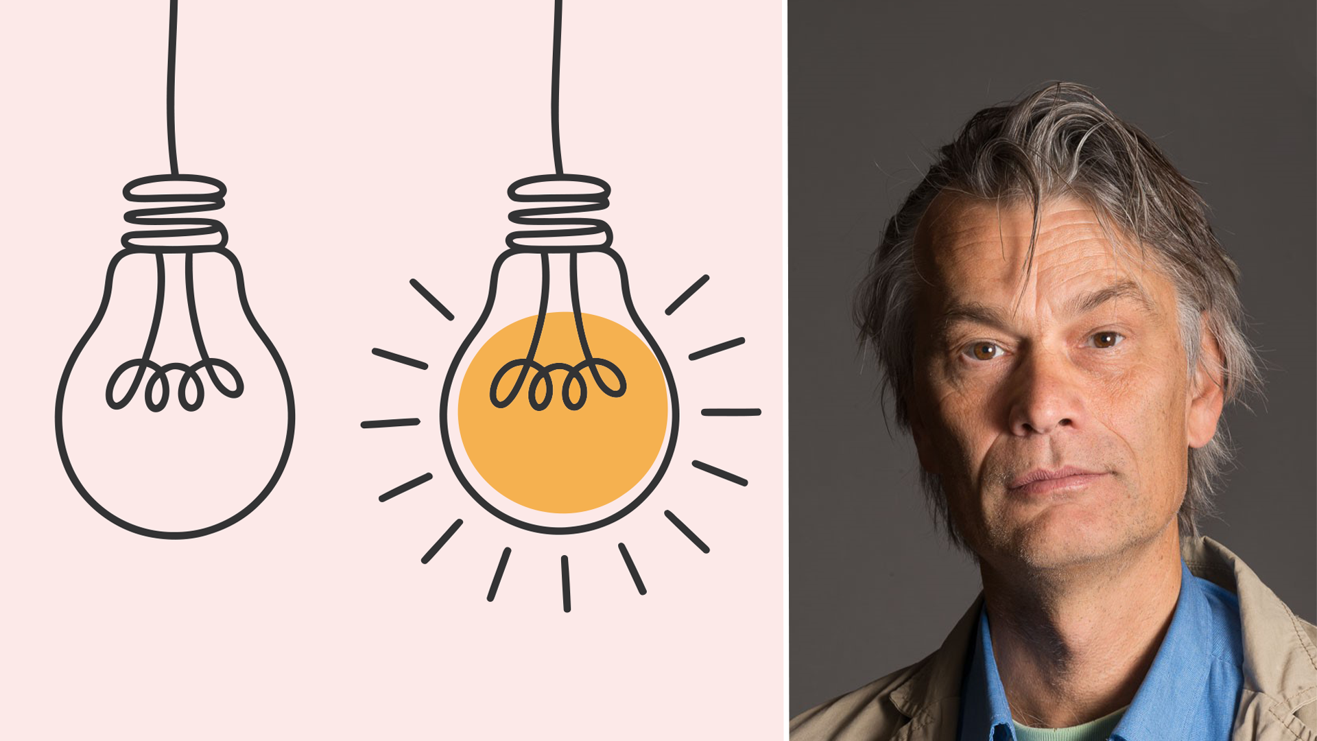 Illustration av två glödlampor, en slocknad och en tänd, tillsammans med ett porträtt av en man.