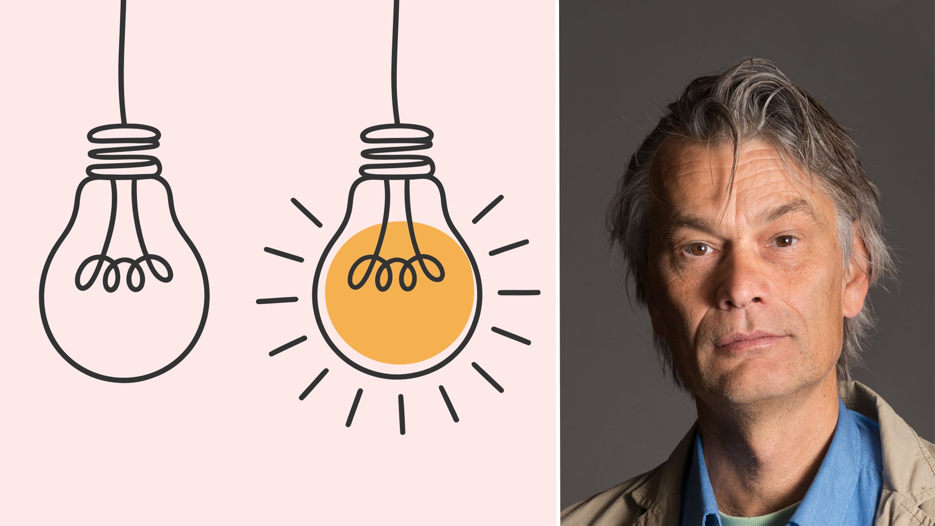Illustration av två glödlampor, en slocknad och en tänd, tillsammans med ett porträtt av en man.