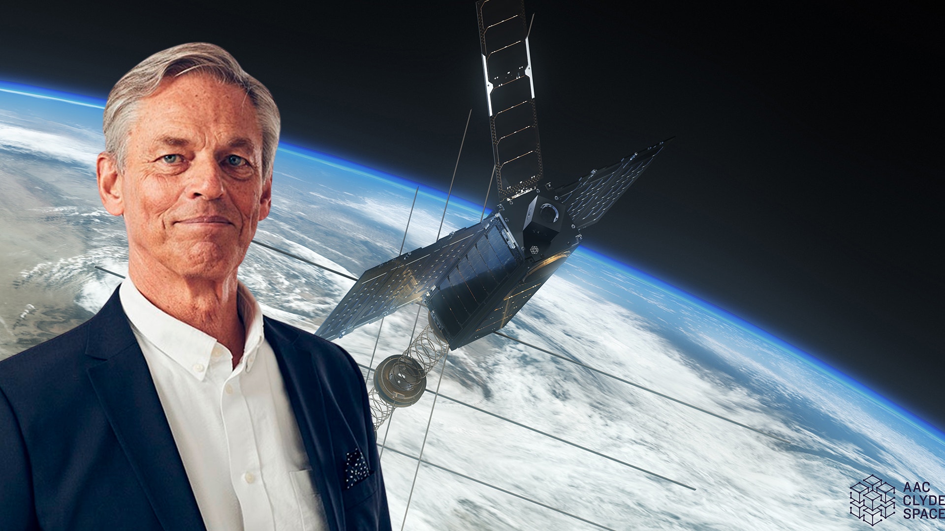 Bild på en av AAC Clyde Spaces satteliter samt bolagets styrelseordförande Rolf Hallencreutz.