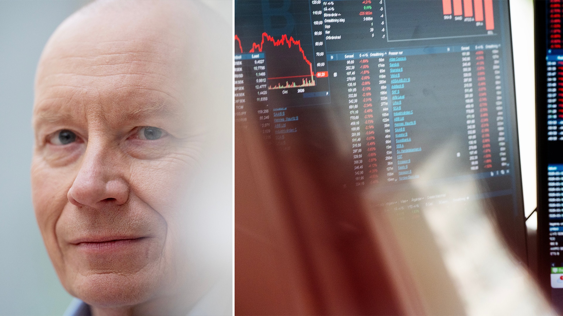 Porträtt av en man bredvid en suddig börsskärm med aktiekurser och grafer.