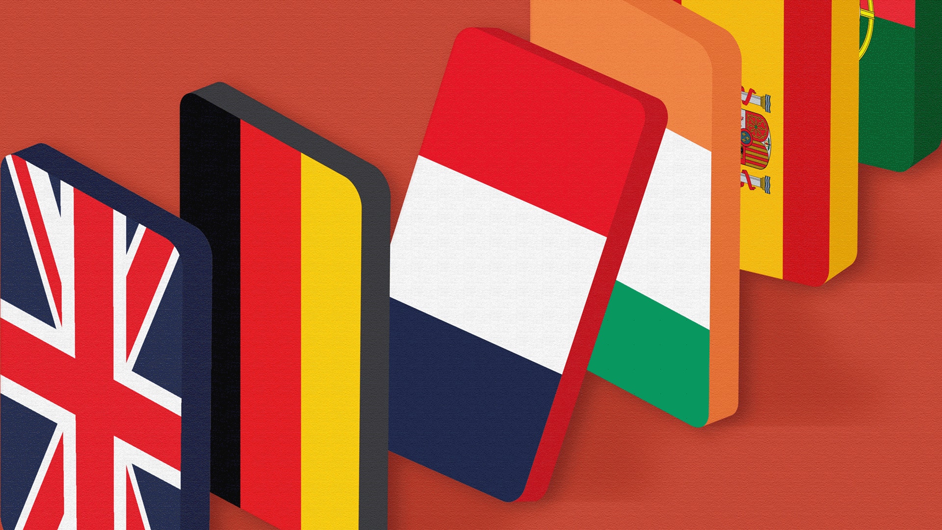Illustration av europeiska flaggor ställda upp som böcker på röd bakgrund. Flaggorna representerar Storbritannien, Tyskland, Italien, Spanien och Ungern.