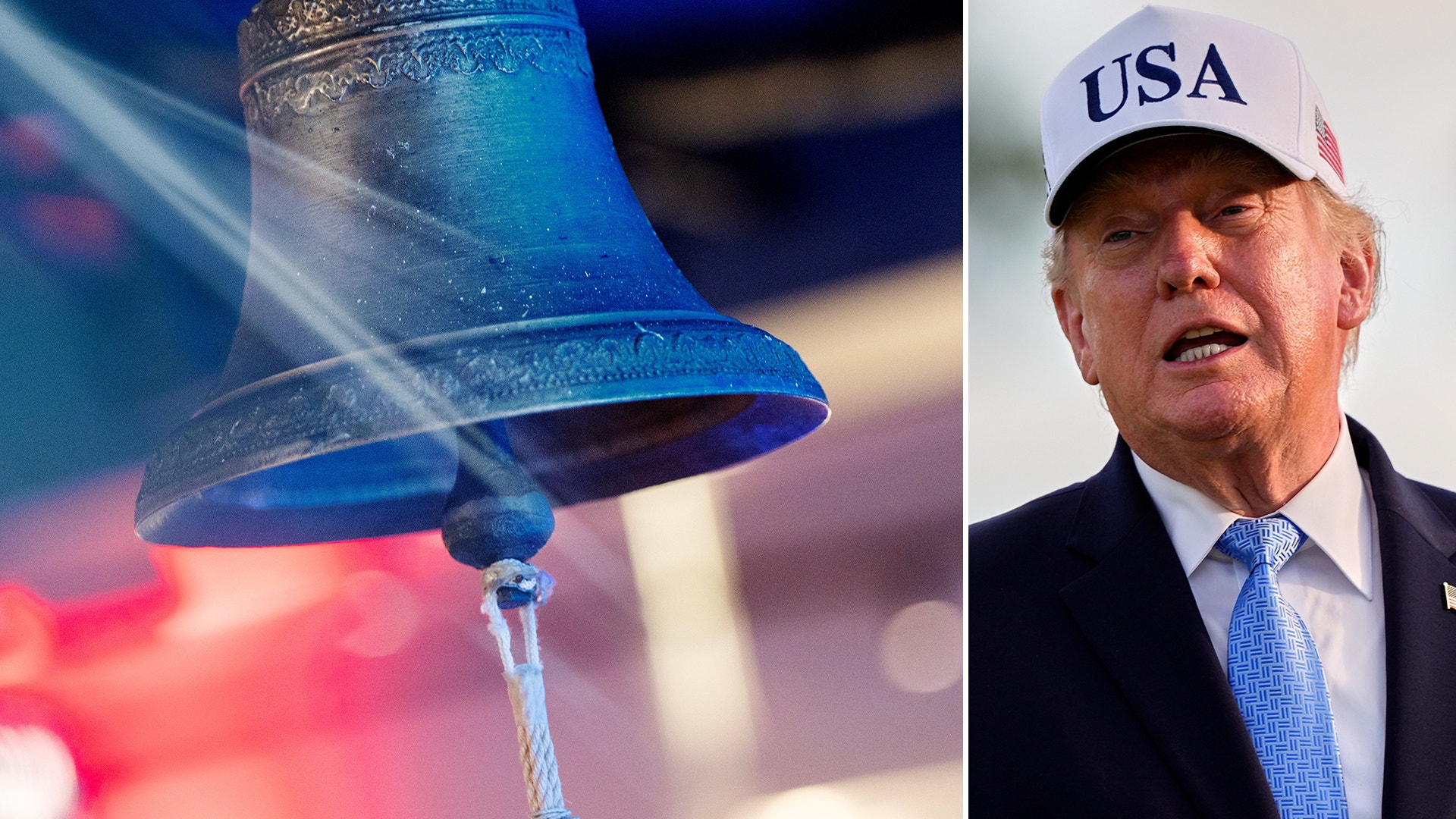 En börsklocka intill en bild på Donald Trump iförd en USA-keps.