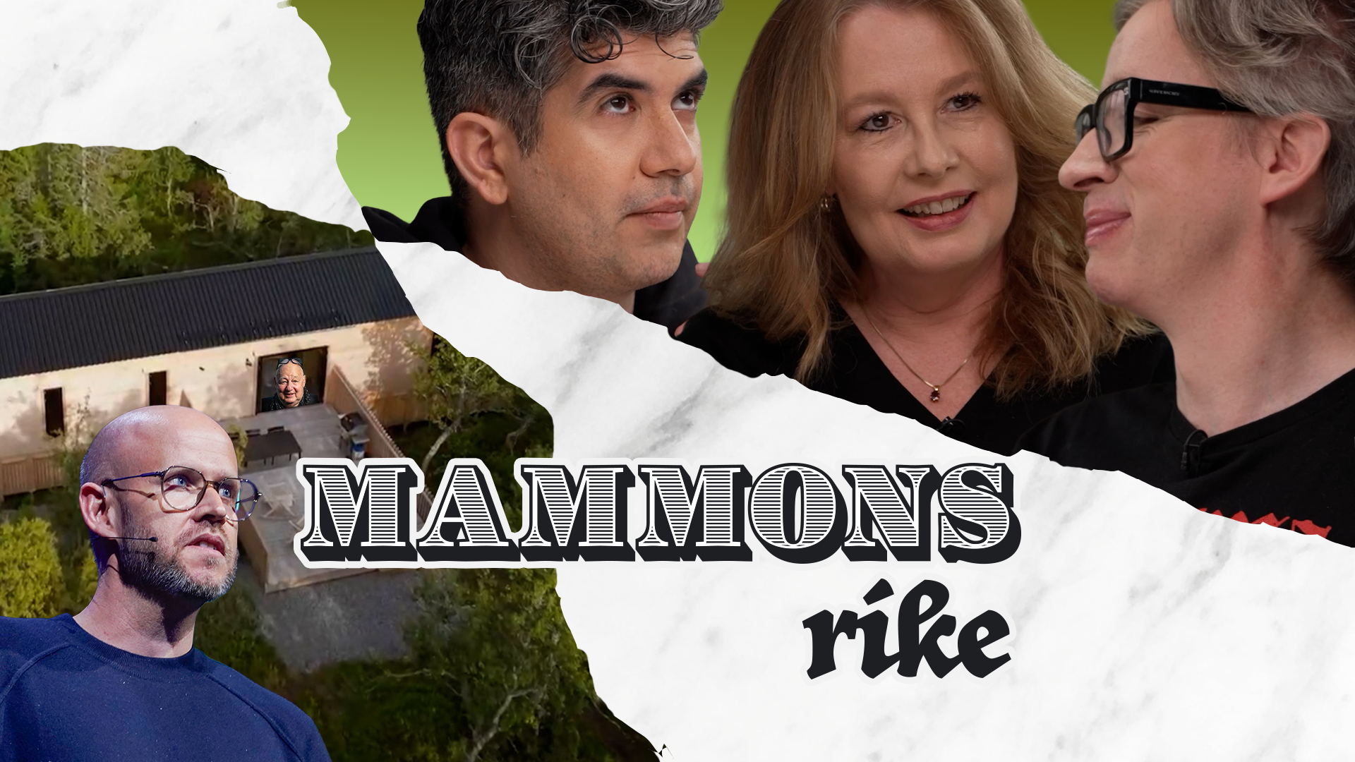 Ett montage med Daniel Ek och en liten bild på Gert Wingårds ansikte i ett fönster på ett hus till vänster, och Mammons-panelen till höger.