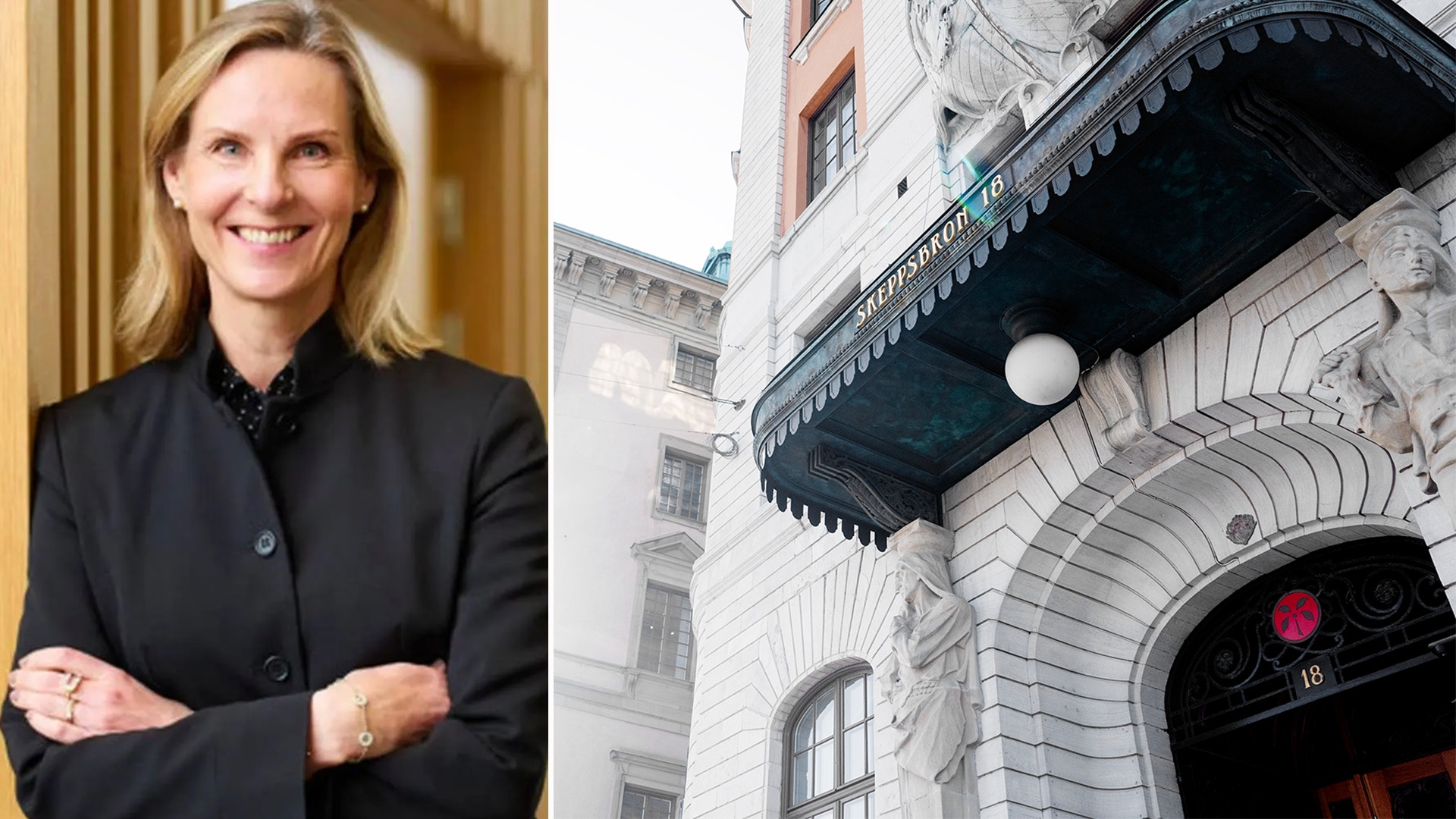 Porträttbild av en kvinna i svart kavaj till vänster, och en klassisk byggnadsfasad med elegant arkitektur till höger.