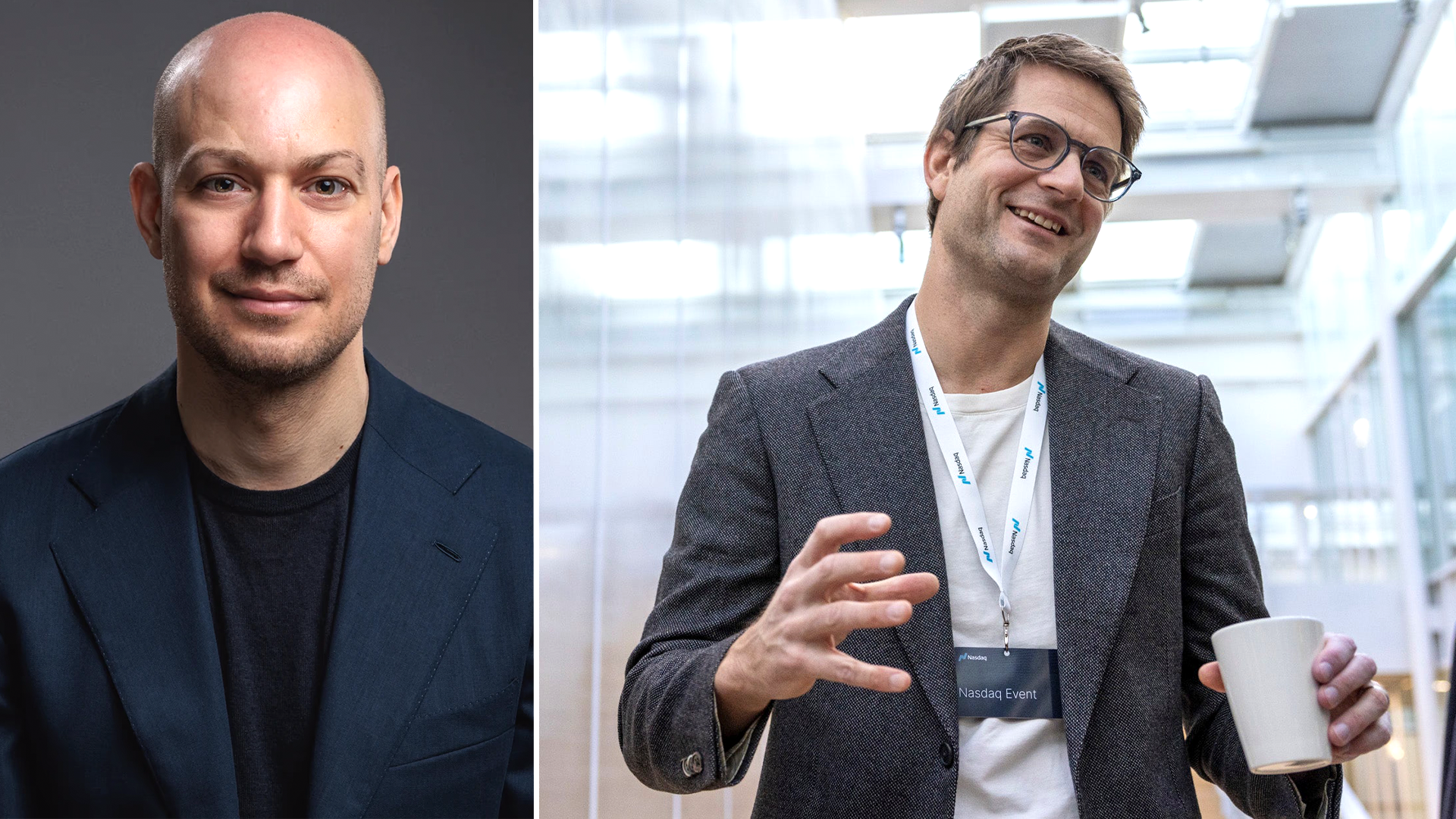 Två porträttfoton av män. Till vänster en man med rakad skalle i mörkblå blazer mot grå bakgrund. Till höger en man med glasögon i mörkgrå blazer som håller en vit mugg framför ett modernt kontorsinteriör.