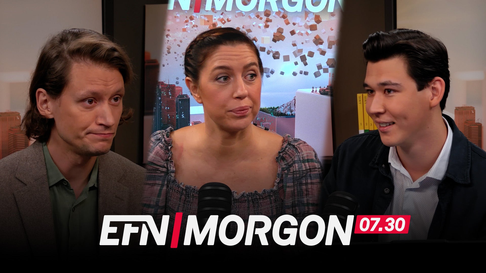 Två män och en kvinna pratar i en tv-studio under programmet EFN Morgon.
