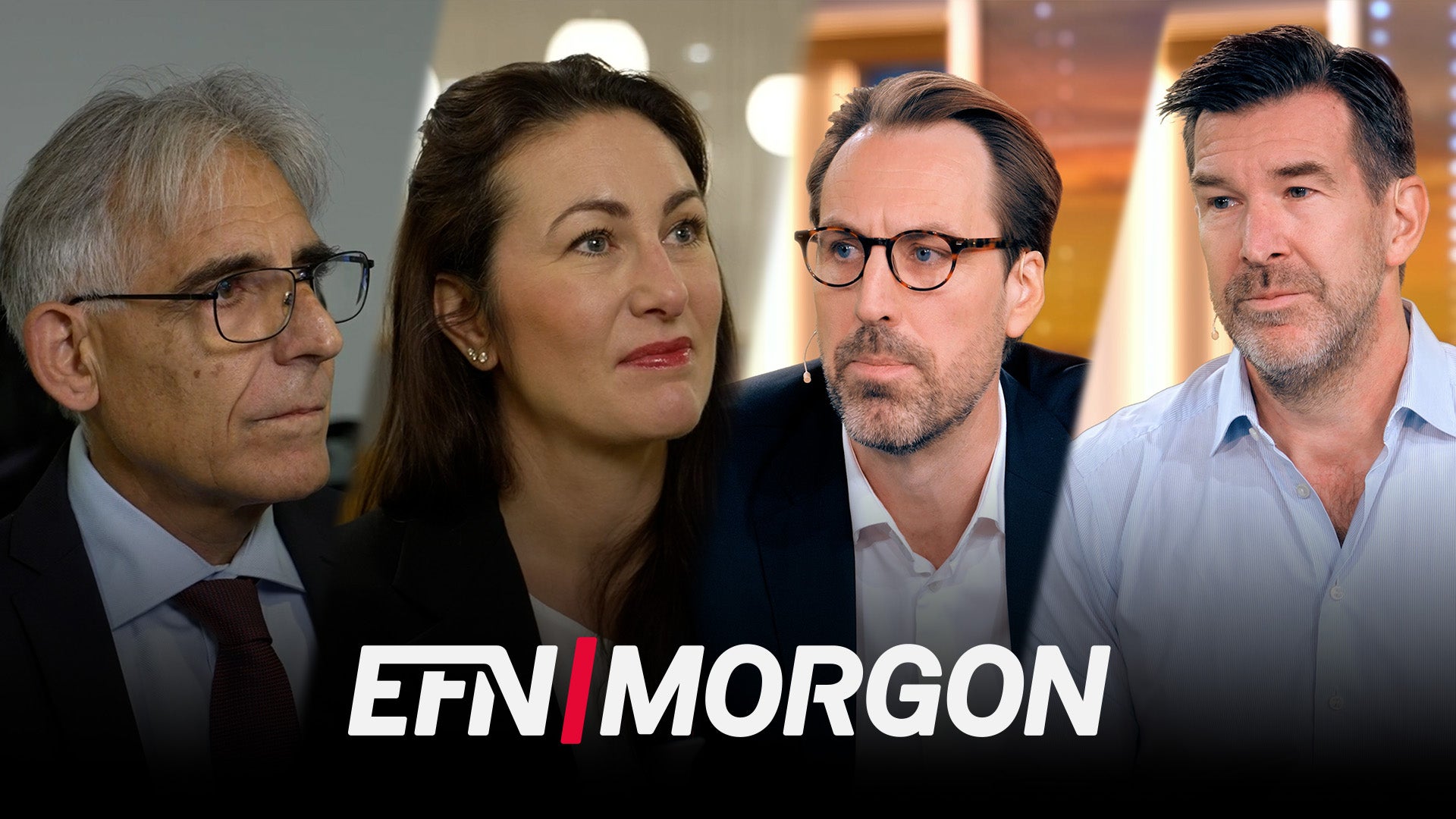 Fyra personer, två män i kavaj, en kvinna och en man i skjorta, med allvarliga miner. Längst ned syns logotypen för EFN Morgon.