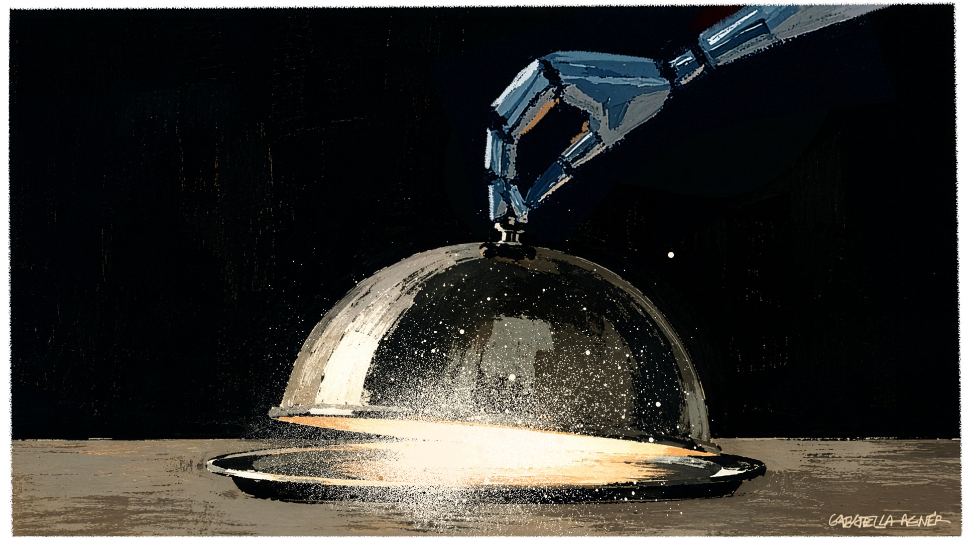 Illustration av en robothand som lyfter ett metallglaslock från en planet som presenteras som en maträtt på ett mörkt bord.