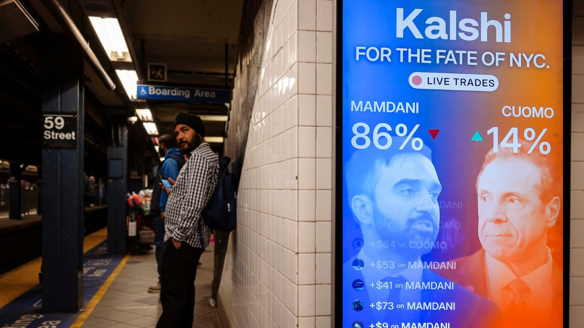 En affisch på en tunnelbanestation som visar en politisk kampanj med två kandidater och deras valresultat.