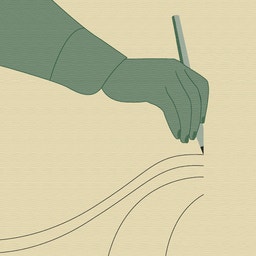 Illustration av en hand som håller en penna och ritar böjda linjer på en ljus bakgrund.