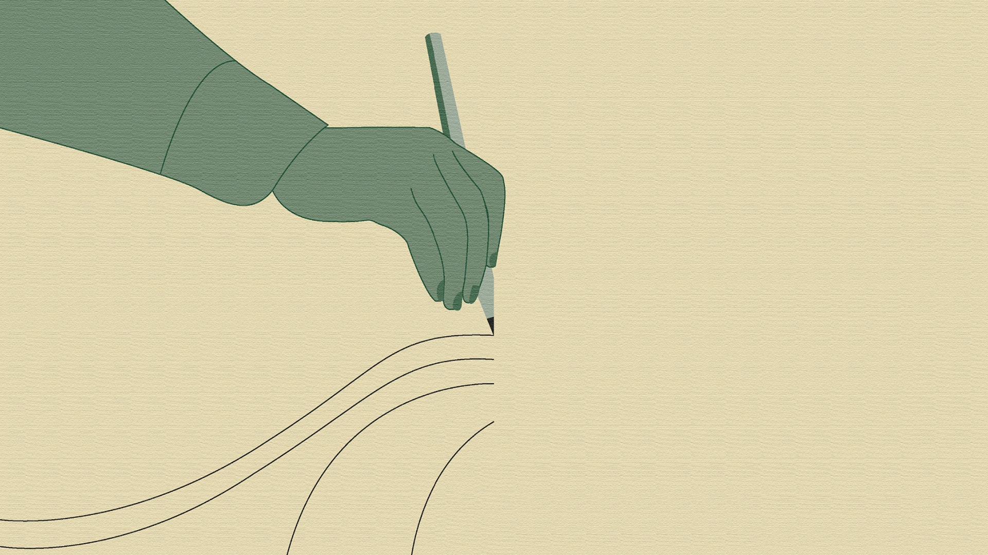 Illustration av en hand som håller en penna och ritar böjda linjer på en ljus bakgrund.
