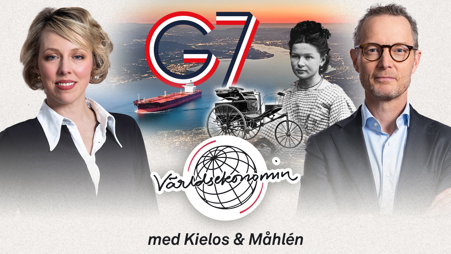 Omslag för podcasten C7 Världsekonomin med två värdpersoner, historiska bilder och logotyper för världsekonomin och Värlsekonomin.