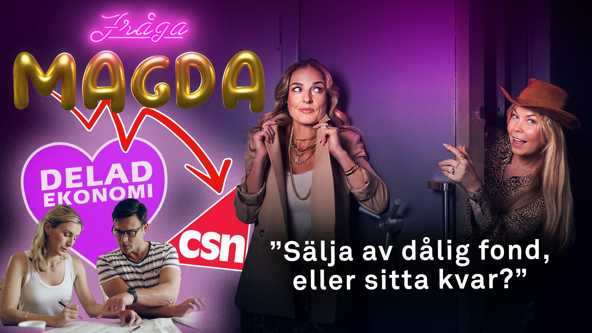 Promotionsbild för podcasten Lägga Magda med neonljus, två kvinnor i fokus och två andra personer i bakgrunden, tillsammans med texten "Sälja av dålig fond, eller sitta kvar?"