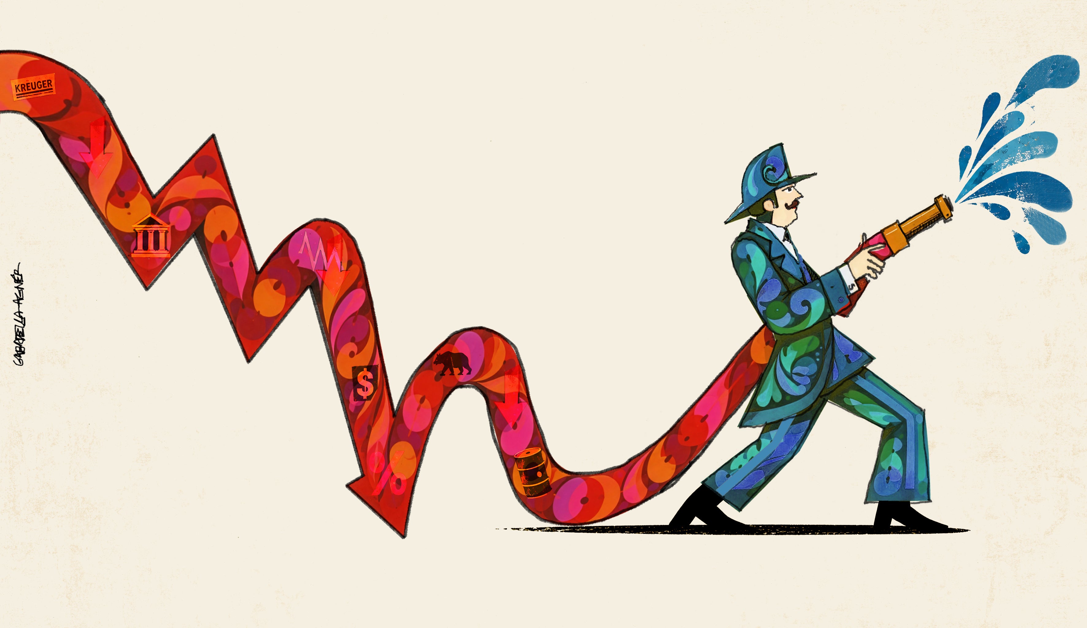 Illustration av en brandman som släcker en brant fallande röd kurva med en brandslang.