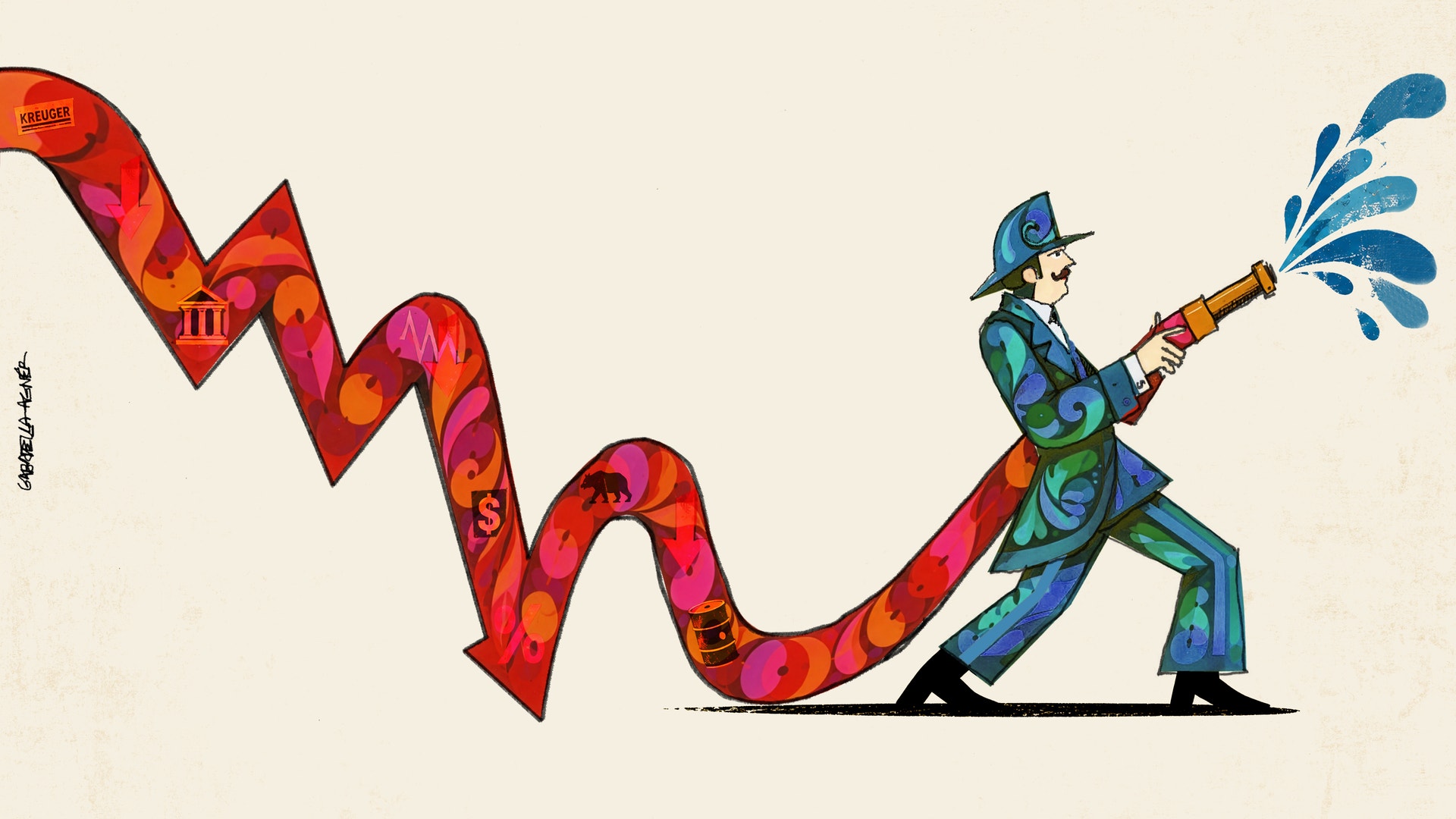 Illustration av en brandman som släcker en brant fallande röd kurva med en brandslang.