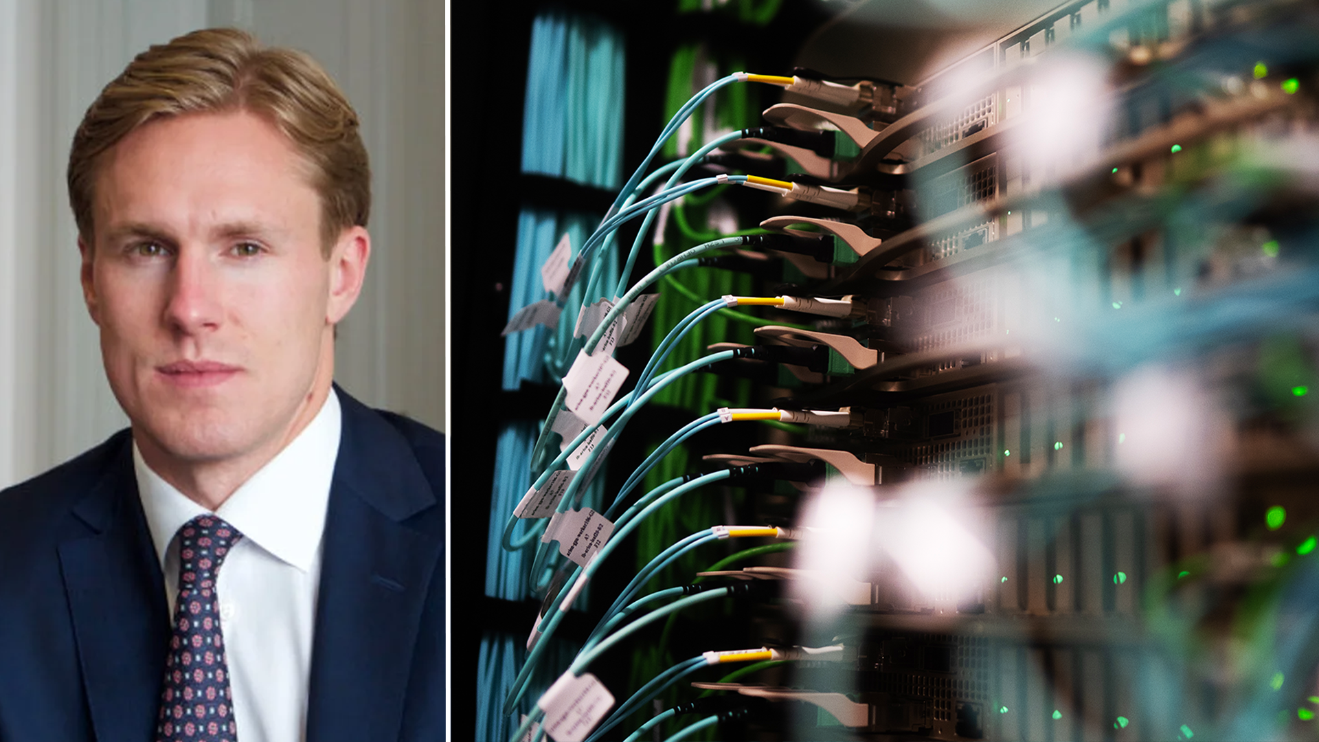 Sammansatt bild med porträtt av en man i kostym till vänster och närbild på serverutrustning med färgglada nätverkskablar till höger.