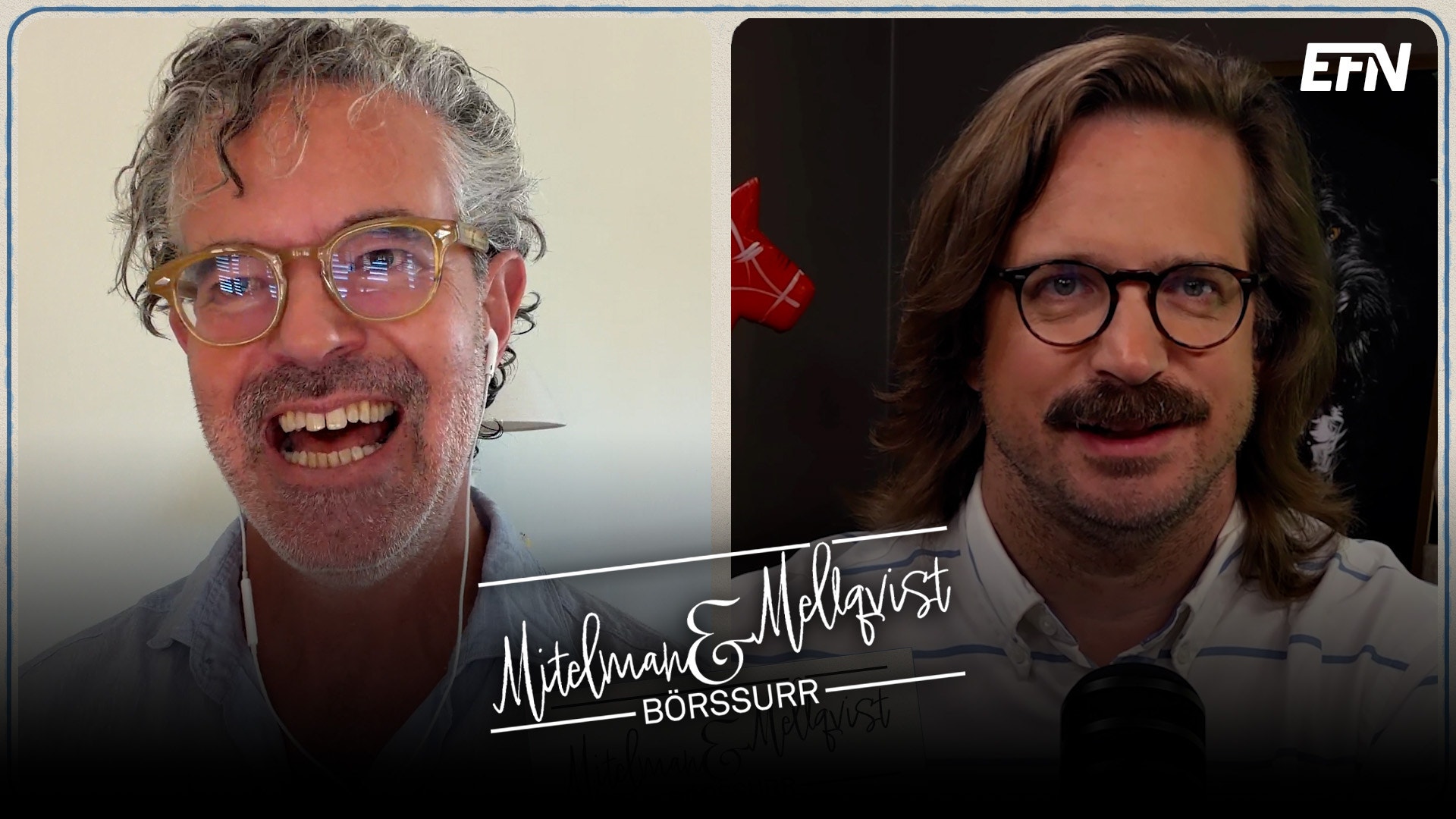 Porträtt av två män, Mikael Åhlquist från Börssurr. Till vänster en äldre man med grått hår och glasögon, till höger en yngre man med långt mörkt hår och mustasch.