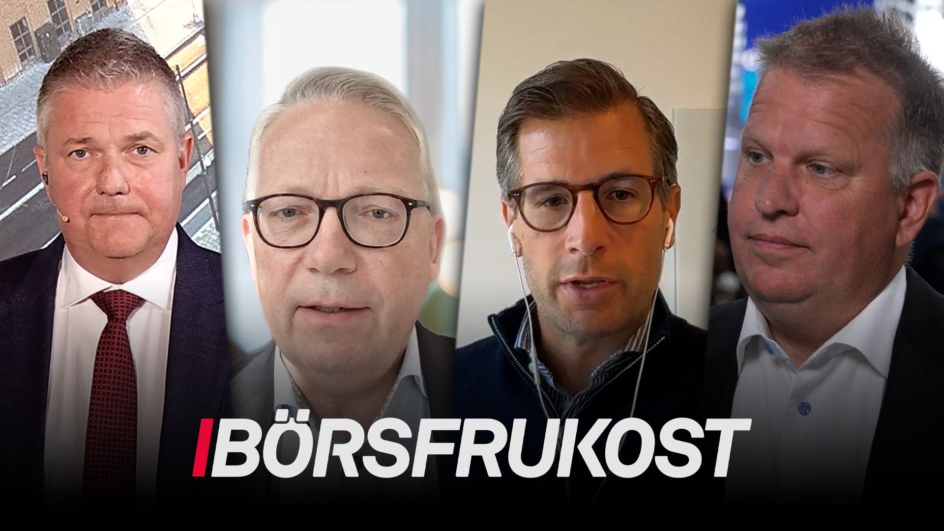 Fyra män i professionell miljö. Texten Börsfrukoost visas längst ner på bilden.