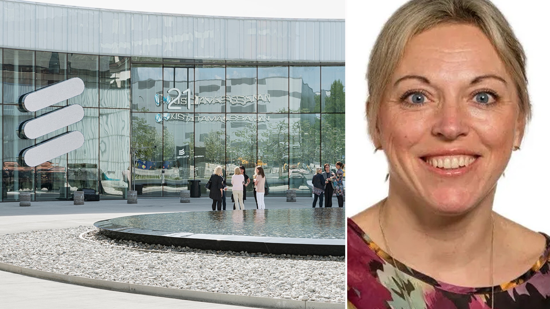 Sammansatt bild som visar Ericssons moderna huvudkontor med stora glasfönster och företagslogon, samt ett porträtt av en leende kvinna.