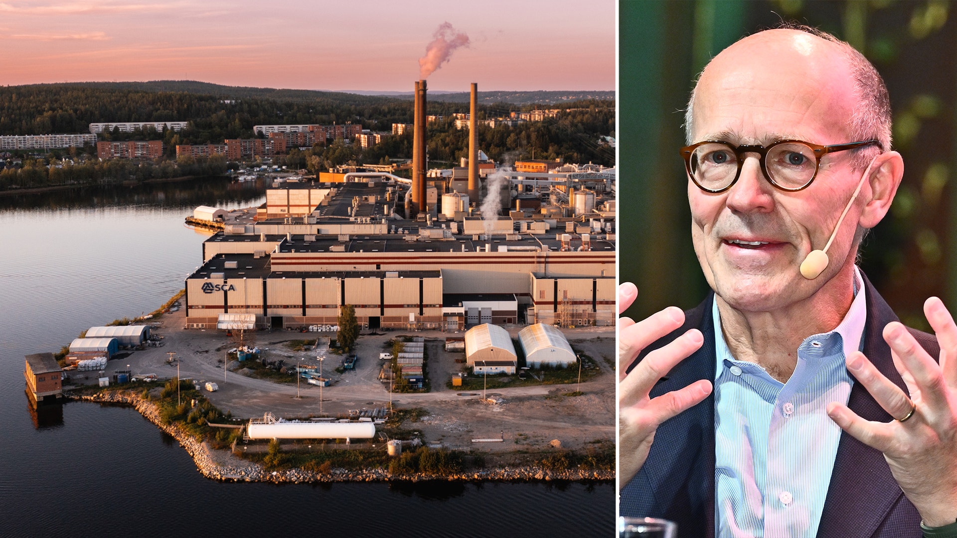 Sammansatt bild som visar en stor industrianläggning belägen vid en sjö eller vattendrag med fabriksskorstenar och rök, fotograferad under gyllene timmen med rosa och orange himmel. Till höger porträtt av en äldre man med glasögon och ljusblå skjorta som gestikulerar medan han talar.