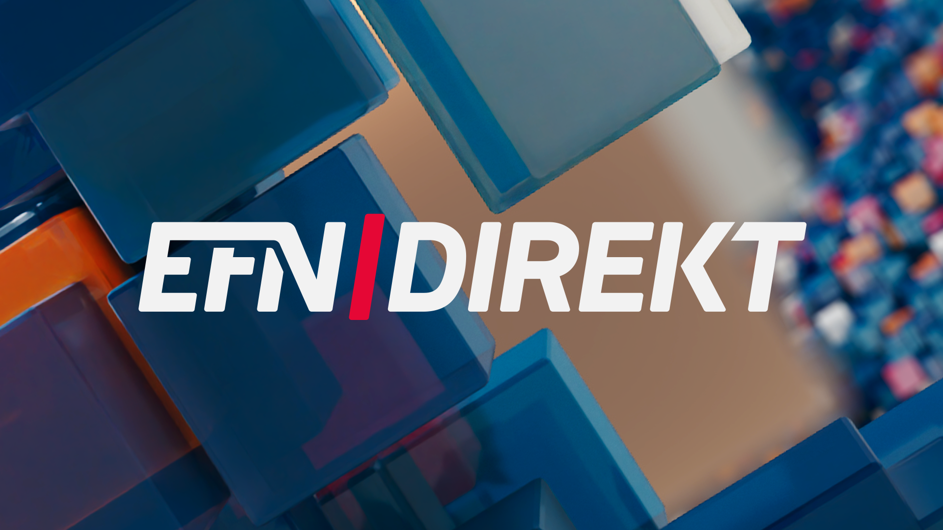 Logotypen för programmet EFN Direkt framför en bakgrund av blå och orange glaskuber.
