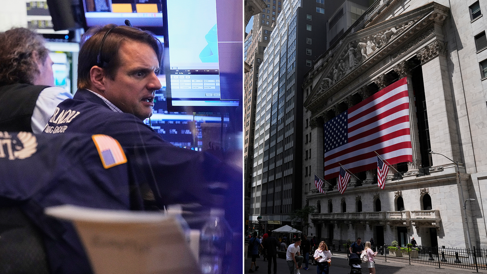 Bild från ett trading-golv till vänster och bild på Wall Street till höger.