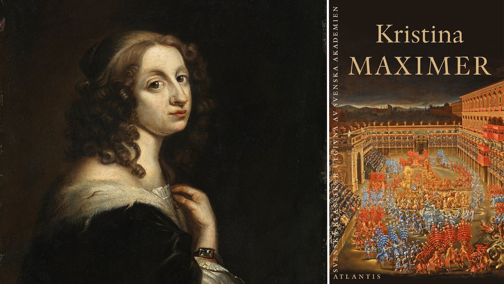Bokomslag för Kristina Maximer. Vänster sida visar ett klassiskt porträtt av en ung kvinna med lockigt hår. Höger sida visar en färgglad historisk scen med många människor i en prunkande renässansbyggnad.